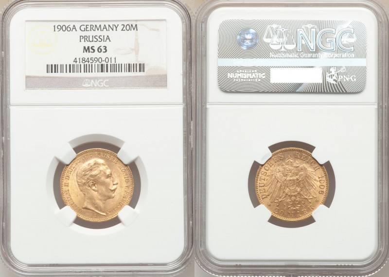 Prussia. Wilhelm II gold 20 Mark 1906-A MS63 NGC, Berlin mint, KM521. AGW 0.2305...