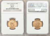 Prussia. Wilhelm II gold 20 Mark 1906-A MS63 NGC, Berlin mint, KM521. AGW 0.2305 oz. 

HID09801242017

© 2020 Heritage Auctions | All Rights Reser...