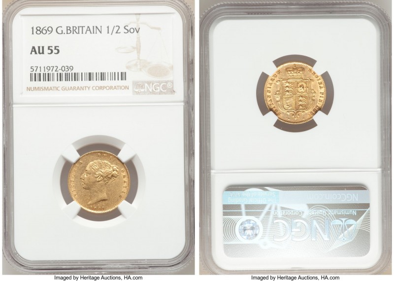 Victoria gold 1/2 Sovereign 1869 AU55 NGC, KM735.2. S-3860. Die #5. 

HID09801...