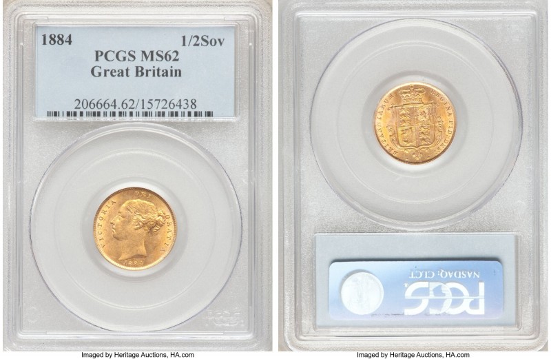 Victoria gold 1/2 Sovereign 1884 MS62 PCGS, KM735.1. AGW 0.1177 oz. 

HID09801...