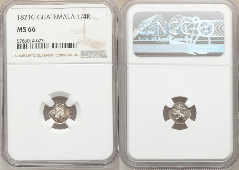 Ferdinand VII 1/4 Real 1821-G MS66 NGC, Nueva Guatemala mint, KM72. Crisp strike...