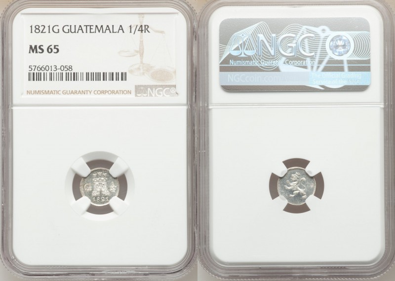 Ferdinand VII 1/4 Real 1821-G MS65 NGC, Nueva Guatemala mint, KM72. Semi-proofli...