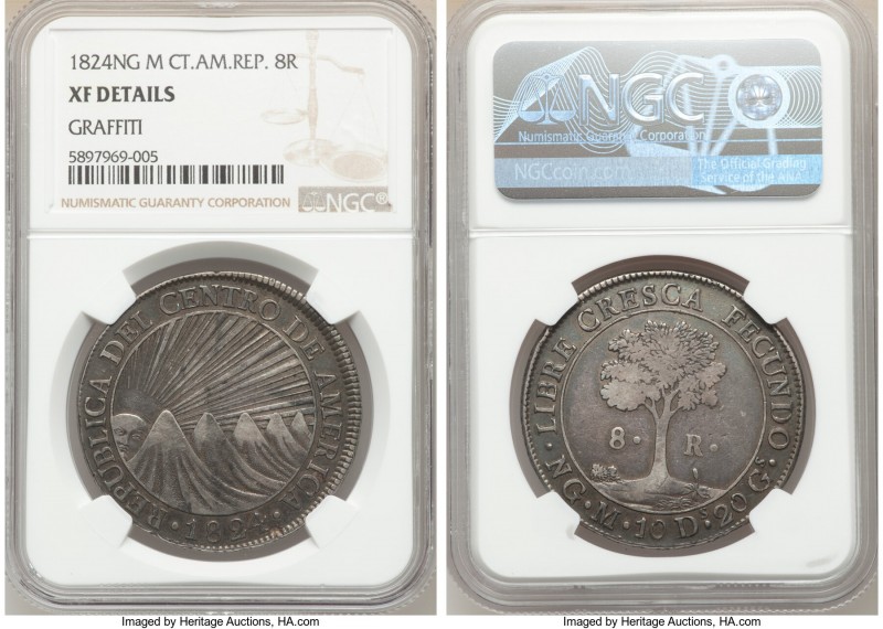 Central American Republic 8 Reales 1824 NG-M XF Details (Graffiti) NGC, Nueva Gu...