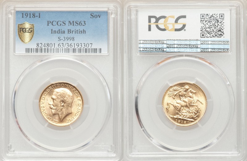 British India. George V gold Sovereign 1918-I MS63 PCGS, Mumbai mint, KM-A525.
...