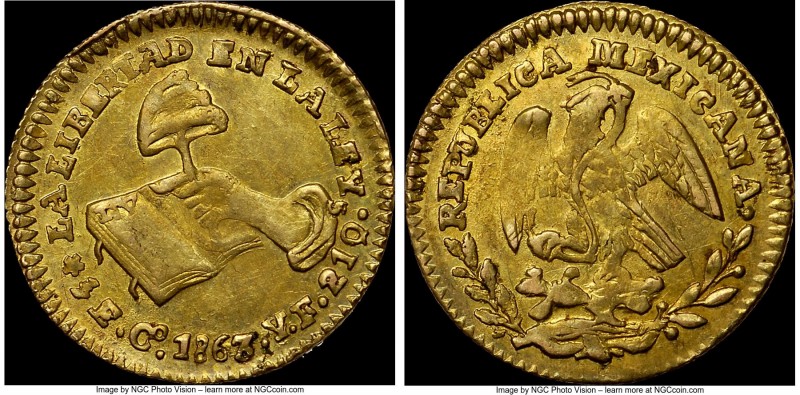 Republic gold 1/2 Escudo 1863 Go-YF AU55 NGC, Guanajuato mint, KM378.

HID0980...