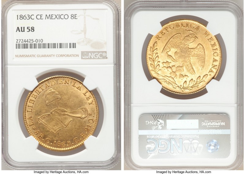 Republic gold 8 Escudos 1863 C-CE AU58 NGC, Culiacan mint, KM383.2. AGW 0.7615 o...