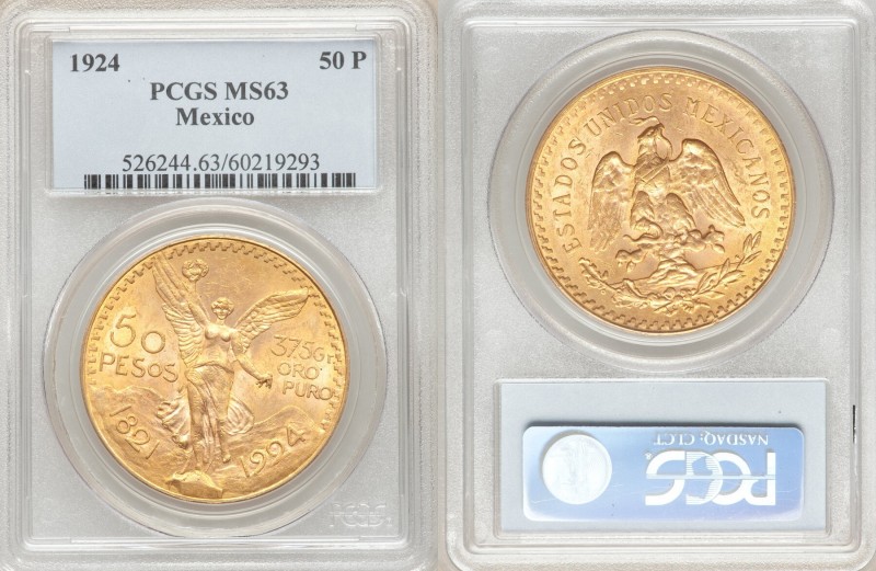 Estados Unidos gold 50 Pesos 1924 MS63 PCGS, Mexico City mint, KM481, Fr-172. AG...