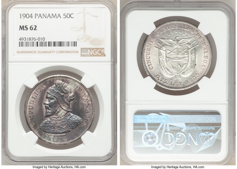 Republic 50 Centesimos 1904 MS62 NGC, KM5. Fully Mint State and toned to a deep ...