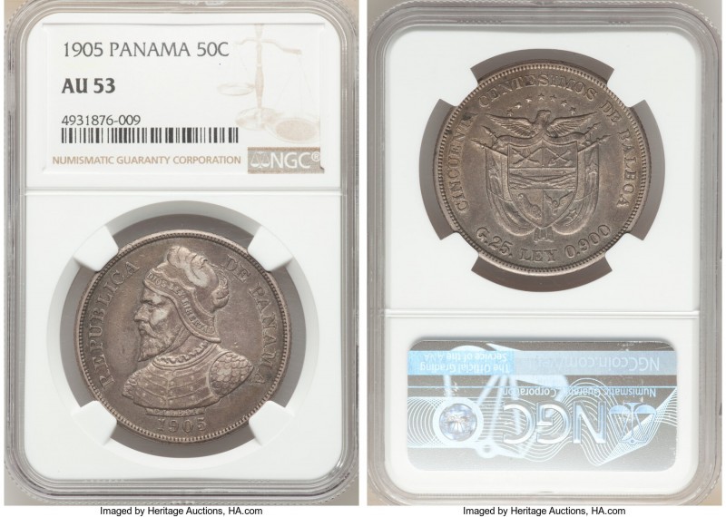 Republic 50 Centesimos 1905 AU53 NGC, KM5. Attractively toned, with moderate rub...