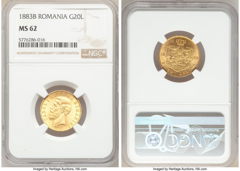 Carol I gold 20 Lei 1883-B MS62 NGC, Burcharest mint, KM20. 

HID09801242017
...