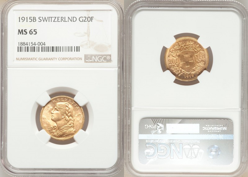 Confederation gold 20 Francs 1915-B MS65 NGC, Bern mint, KM35.1. AGW 0.1867 oz. ...