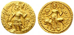 Kushan Empire India 1 Dinar. Vasudeva II. Circa AD. 290-310. AV Dinar Vasudeva diademed and crowned standing facing head left flames at shoulder sacri...