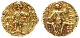 India Kushan Empire 1 Dinar Shaka. Circa AD 305-335. AV Dinar. Uncertain mint. Shaka standing left sacrificing over altar and holding filleted staff; ...