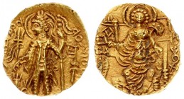 India Kushan Empire 1 Dinar Shaka Circa AD 325-345. AV Dinar Uncertain mint. Shaka standing left sacrificing over altar and holding filleted staff; fi...
