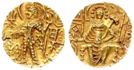 India Kushan Empire 1 Dinar Shaka I. Circa AD 325-345. AV Dinar. Uncertain mint. Shaka standing left sacrificing over altar and holding filleted staff...