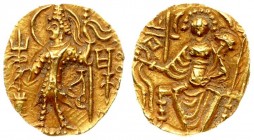 India Kushan Empire 1 Dinar. Shaka I. Circa AD 325-345. AV Dinar. Uncertain mint. Shaka standing left sacrificing over altar and holding filleted staf...