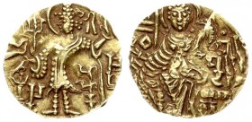 India Kushan Empire 1 Dinar Shaka. Circa AD 325-345. AV Dinar Uncertain mint. Shaka standing left sacrificing over altar and holding filleted staff; f...
