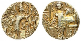 India Kushan Empire 1 Dinar Kipunadha. Circa AD 335-350. AV Dinar. Uncertain mint. Kipunadha standing left sacrificing over altar and holding filleted...