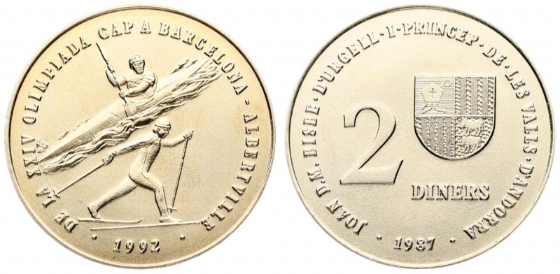 Andorra 2 Diners 1987-1992 Winter & Summer Olympics. Averse: Small arms on shiel...