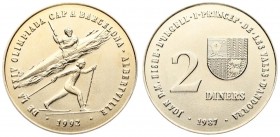 Andorra 2 Diners 1987-1992 Winter & Summer Olympics. Averse: Small arms on shield; upper right; value at center; left. Reverse: Kayaker and skier. Cop...