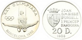 Andorra 20 Diners 1988 1992 Summer Olympics. Averse: Crowned arms to left of five line inscription; value below; date at bottom. Reverse: Gymnast on r...