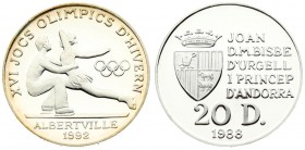 Andorra 20 Diners 1988 1992 Winter Olympics Albertville. Averse: Crowned arms to left of five line inscription; value below; date at bottom. Reverse: ...