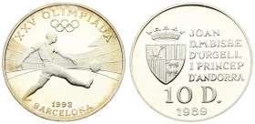 Andorra 10 Diners 1989 1992 Summerr Olympics. Averse: Crowned arms to left of five line inscription; value below; date at bottom. Reverse: Soccer. Sil...