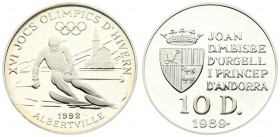 Andorra 10 Diners 1989 1992 Winter Olympics. Averse: Crowned arms to left of five line inscription; value below; date at bottom. Reverse: Downhill ski...
