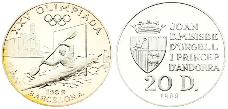 Andorra 20 Diners 1989 1992 Summer Olympics. Averse: Crowned arms to left of fiv...