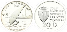 Andorra 20 Diners 1989 1992 Summer Olympics. Averse: Crowned arms to left of five line inscription; value below; date at bottom. Reverse: Wind surfer....