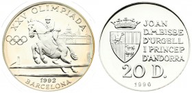 Andorra 20 Diners 1990 1992 Summer Olympics. Averse: Crowned arms to left of five line inscription; value below; date at bottom. Reverse: Equestrian. ...