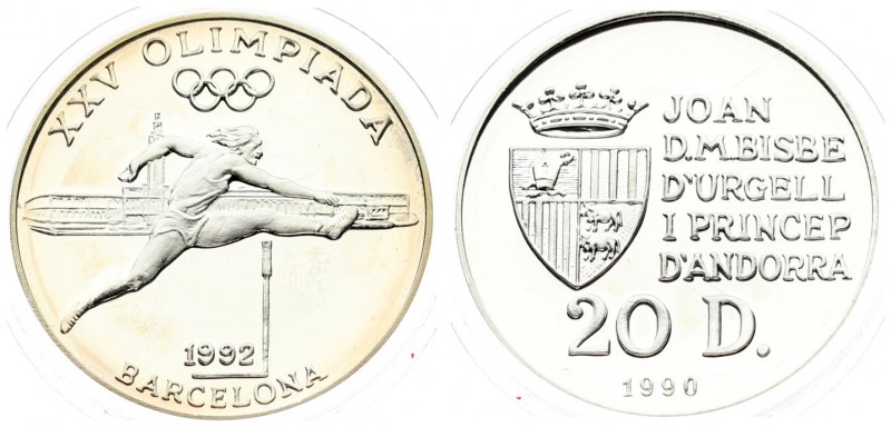 Andorra 20 Diners 1990 1992 Summer Olympics. Averse: Crowned arms to left of fiv...