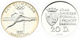 Andorra 20 Diners 1990 1992 Summer Olympics. Averse: Crowned arms to left of five line inscription; value below; date at bottom. Reverse: Hurdler. Sil...