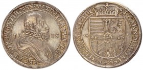 Austria 1 Thaler 1615 Hall. Archduke Maximilian (1612-1618). Averse: Bearded armored bust r. in ruff divides date. Reverse.: Archducal crown over shie...