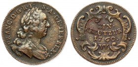 Austria 1 Kreuzer 1760W Franz I(1745-1765). Averse: Bust right. Reverse: Value within cartouche. Copper. (rare in such condition). KM 2007 RARE