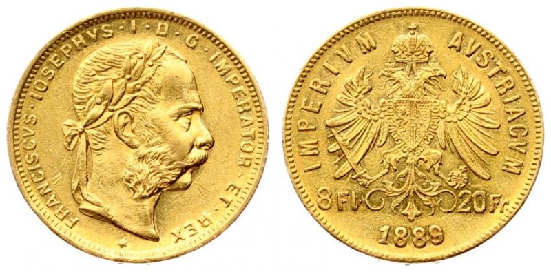 Austria 8 Florins-20 Francs 1889. Franz Joseph I(1848-1916). Averse: Laureate he...