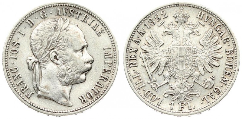 Austria 1 Florin 1892 Franz Joseph I(1848-1916). Averse: Laureate head right. Re...