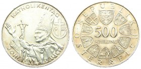 Austria 500 Schilling 1983 Catholic Day - Pope's Visit. Averse: Value within circle of shields. Reverse: Pope Johannes Paul II; left; arms raised; cro...
