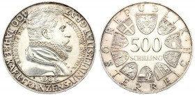 Austria 500 Schilling 1985 400th Anniversary - Graz University. Averse: Value within circle of shields. Reverse: Bust of Archduke with ruffled collar;...