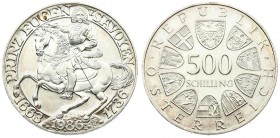 Austria 500 Schilling 1986 250th Anniversary - Birth of Prince Eugene of Savoy. Averse: Value within circle of shields. Reverse: Man on rearing horse;...