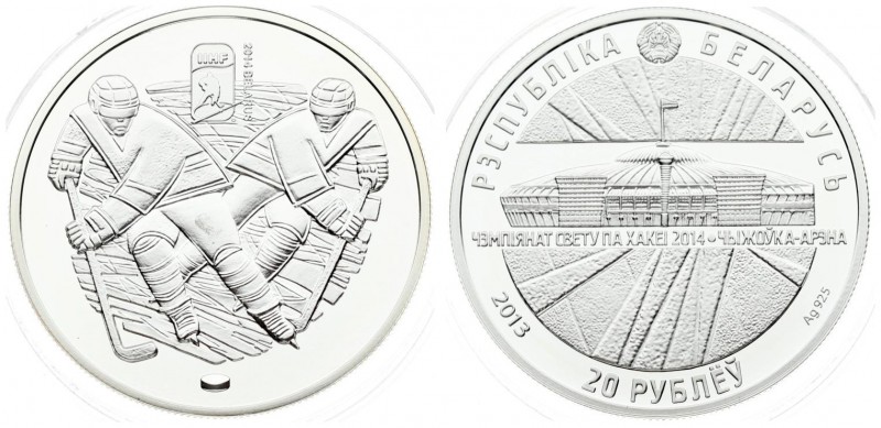 Belarus 20 Roubles 2013 2014 World Ice Hockey Championship. Averse: National arm...