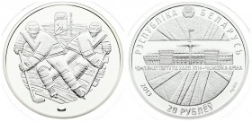 Belarus 20 Roubles 2013 2014 World Ice Hockey Championship. Averse: National arms above Chyzhouka Arena. Reverse: Hockey players. Silver. KM 482