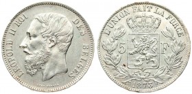 Belgium 5 Francs 1873 Leopold II(1865-1909). Averse: Smaller head; engraver's name near rim; below truncation. Averse Legend: LEOPOLD II ROI DES BELGE...