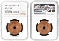 Belgium Congo 5 Centimes 1887 Leopold II(1865-1909). Averse: Crowned monograms circle center hole. Reverse: Center hole within star. Copper. KM 3. NGC...
