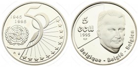 Belgium 5 ECU 1995 (qp) 50th Anniversary - United Nations. Averse: Head of King Albert II; facing right; denomination and date.Reverse: UN logos with ...