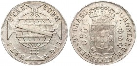 Brazil 960 Reis 1817R Joao as Prince Regent(1818-1822). Averse: Crowned arms; denomination. Reverse: Sash with initial crosses globe within cross. Ove...