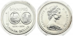 Canada 1 Dollar 1874-1974 Winnipeg Centennial. Averse: Young bust right. Reverse: Zeros frame pictures; dates below; denomination at bottom. Silver. K...