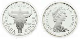 Canada 1 Dollar 1882-1982 Regina. Averse: Young bust right. Reverse: Cattle skull divides dates and denomination below. Silver. KM 133. With Box