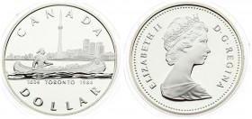 Canada 1 Dollar 1984 Toronto Sesquicentennial. Averse: Young bust right. Reverse: Canoeing person; Toronto skyline on the background. Silver. KM 140. ...