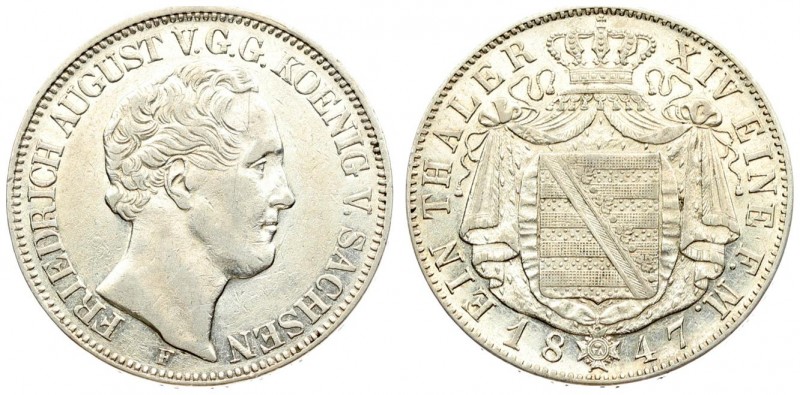 Germany SAXONY 1 Thaler 1847 F Friedrich August II(1836-1854). Averse: Head righ...